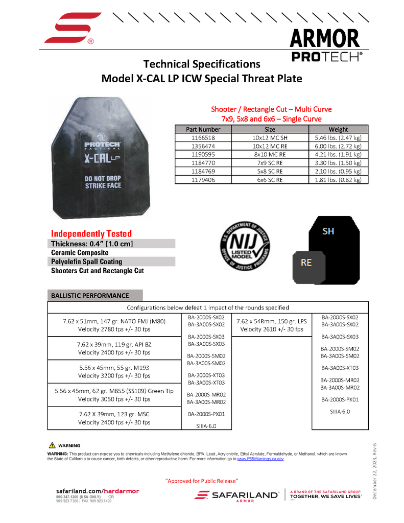 Safariland X-CAL ICW Plate | Used